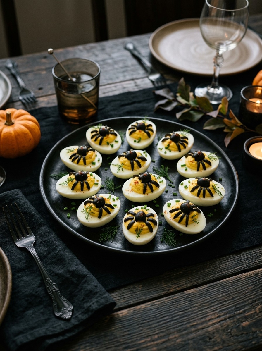 Deviled eggs with black licorice legs and candy eyes, resembling spiders, on a platter.